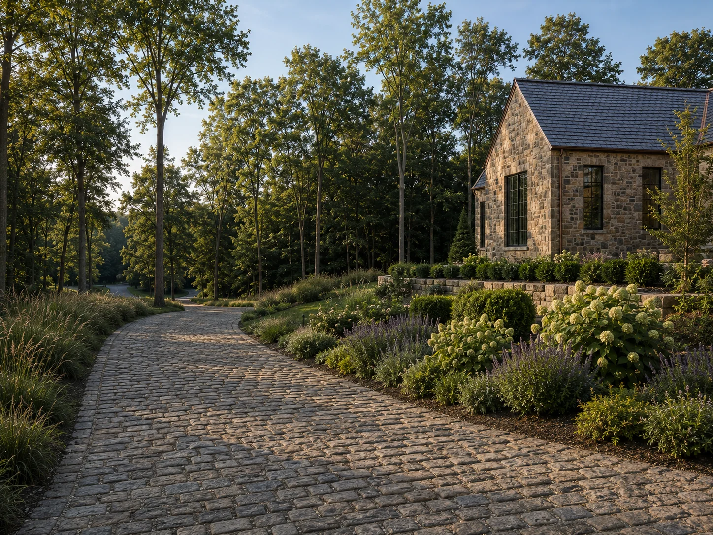 A cobblestone drive winding through trees toward the stone residence