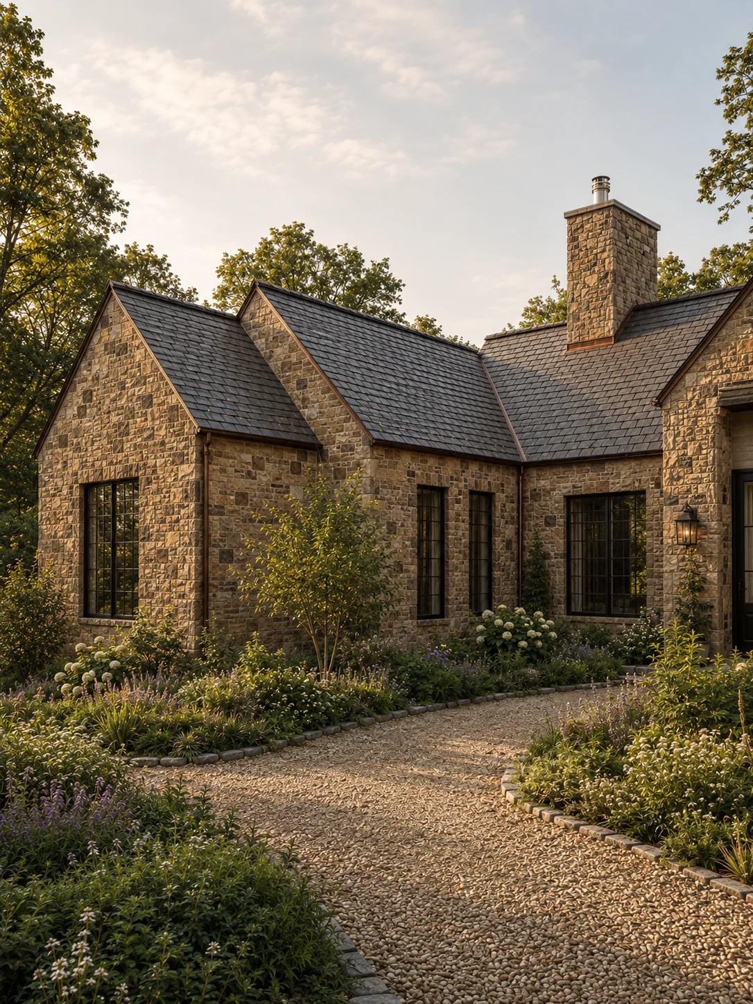 The stone residence amid its gardens, gravel path curving to the door