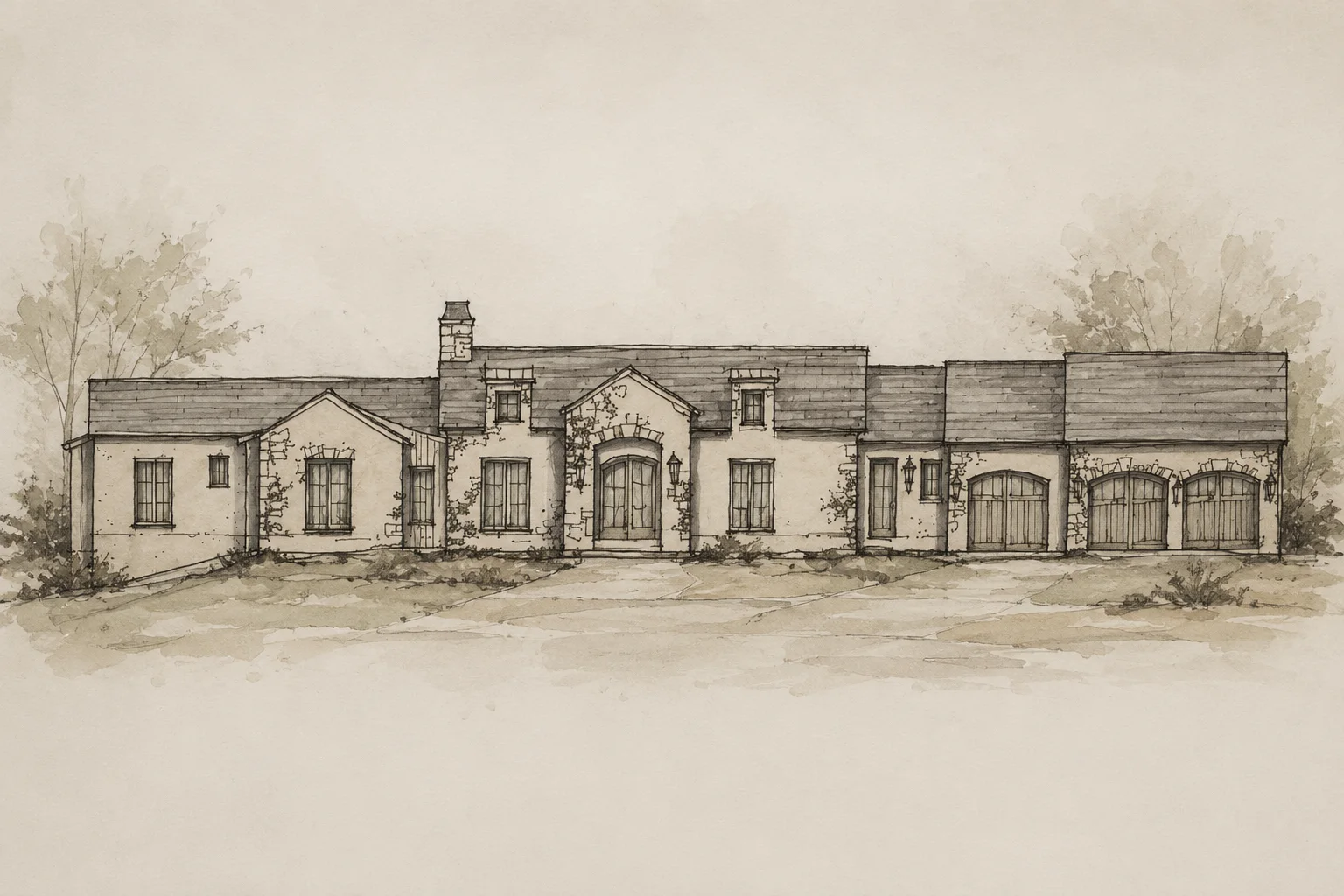 Watercolor and ink elevation of the residence on warm paper