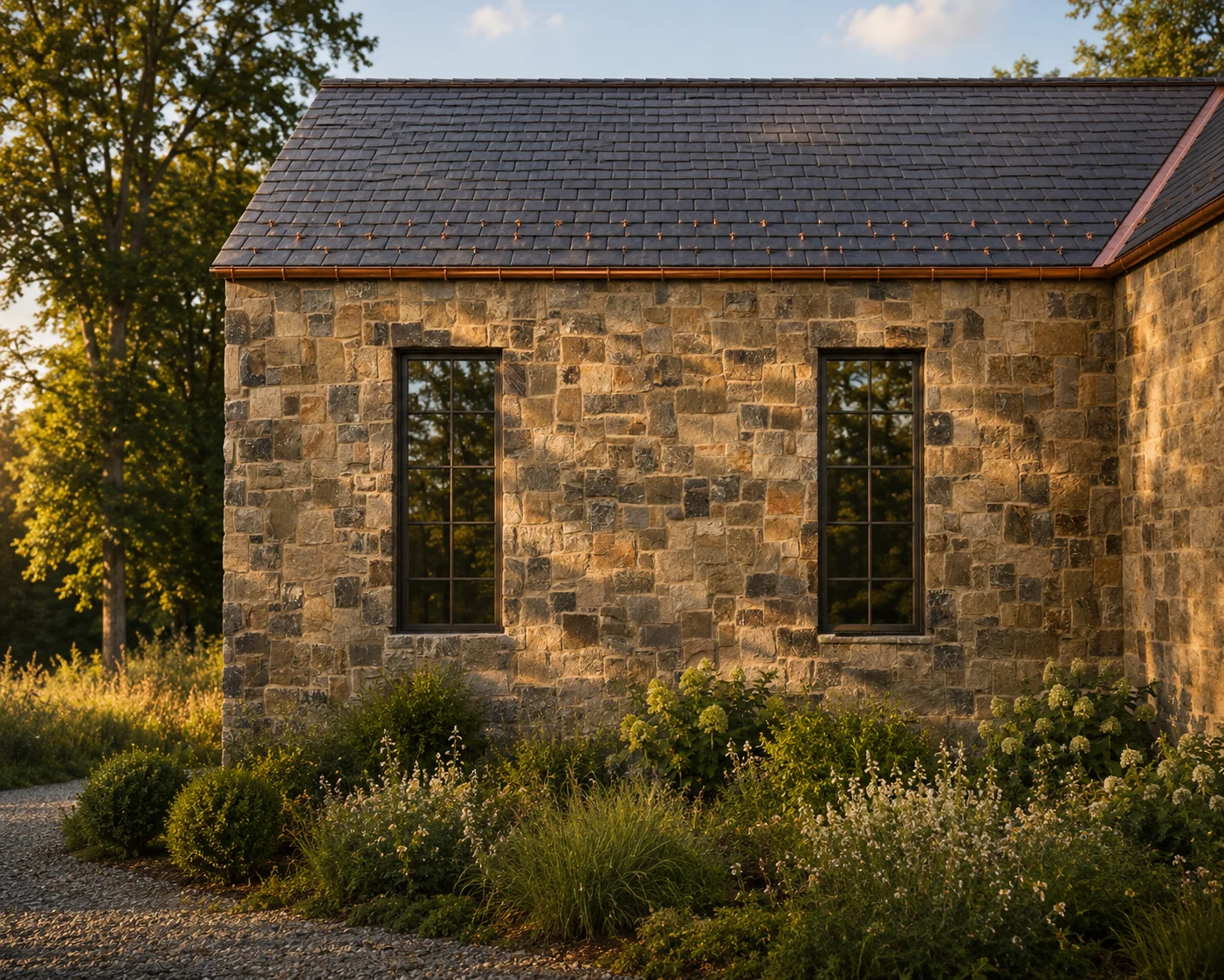 The gable end of the residence at golden hour, two windows in the stone