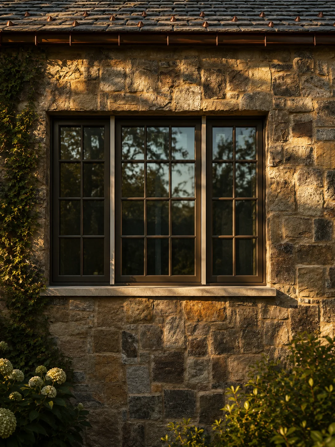 A leaded window set deep in the stone wall, lit by evening sun